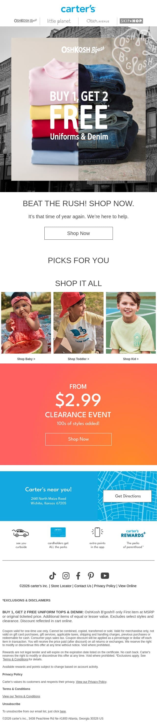 Buy 1, Get 2 FREE* Denim + Uniforms email from Carter's screenshot