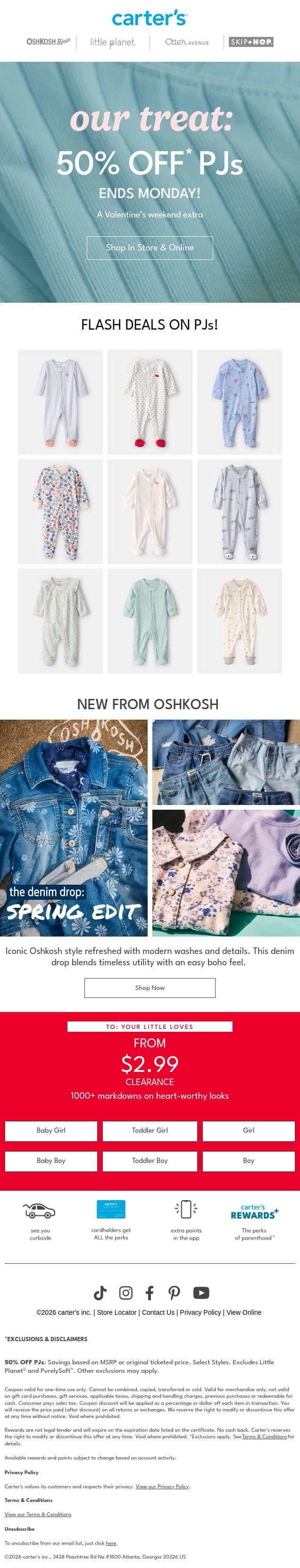 Valentine's weekend --> 50% OFF* PJs 💕 email from Carter's screenshot