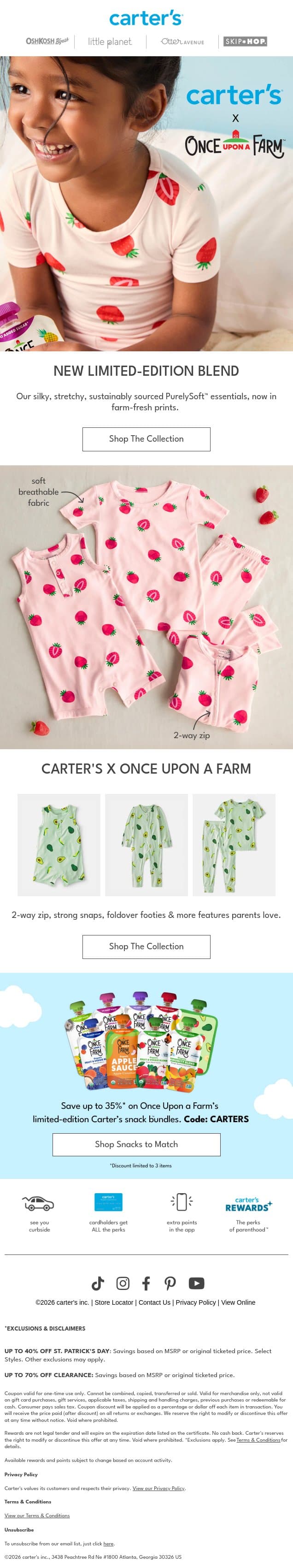Just dropped! Carter’s x Once Upon a Farm 🥑🍓🍌 email from Carter's screenshot