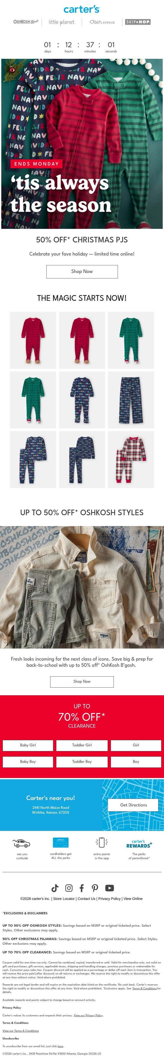 Christmas PJs now 50% off 🎁✨ email from Carter's screenshot