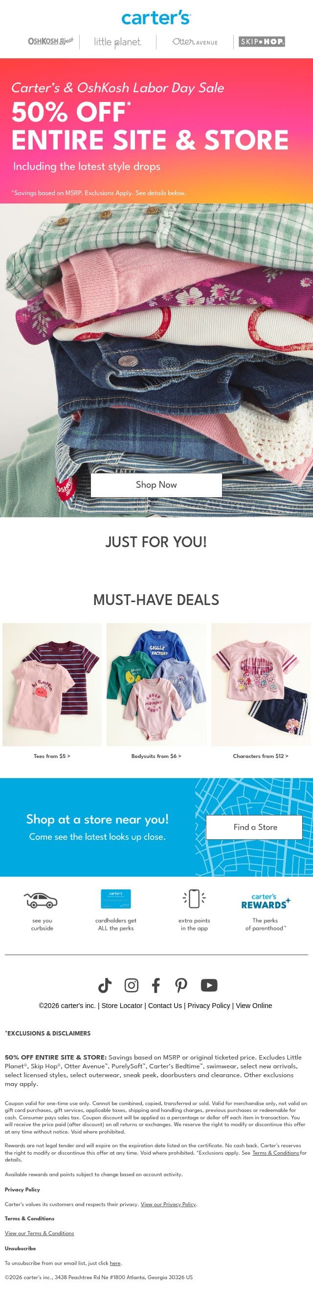 ⚡ Labor Day sale ⚡️ Save 50% off* entire site & store email from Carter's screenshot