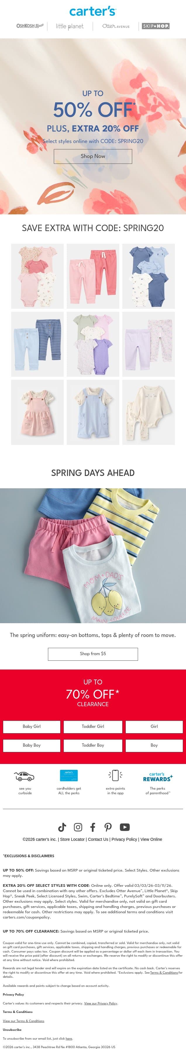 UP TO 50% OFF + EXTRA 20% OFF✨🙌 email from Carter's screenshot