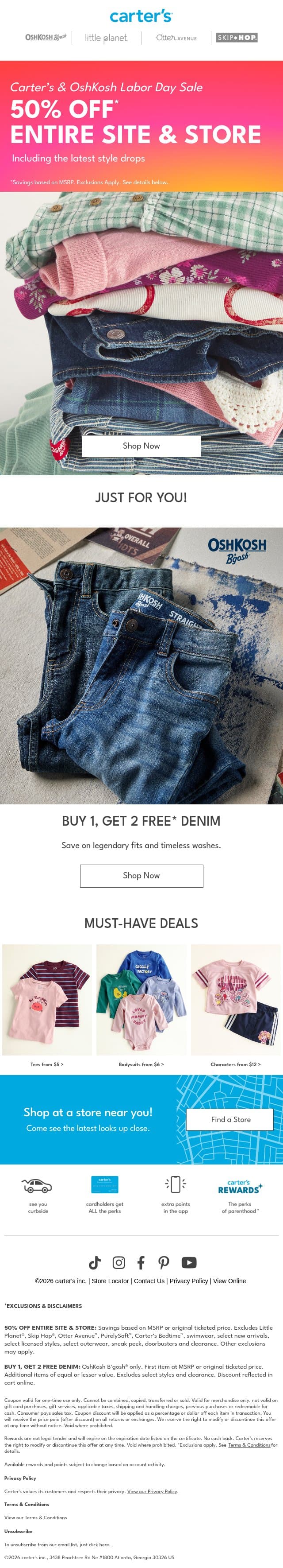 🚨 Labor Day savings - 50% off* entire site & store email from Carter's screenshot