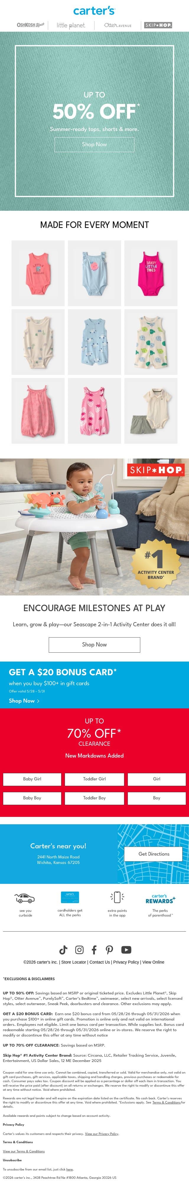 UP TO 50% OFF SUMMER ☀️😎 email from Carter's screenshot