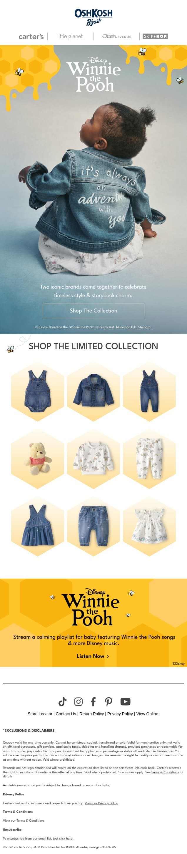 Just dropped! Winnie the Pooh x OshKosh B'gosh email from Carter's screenshot