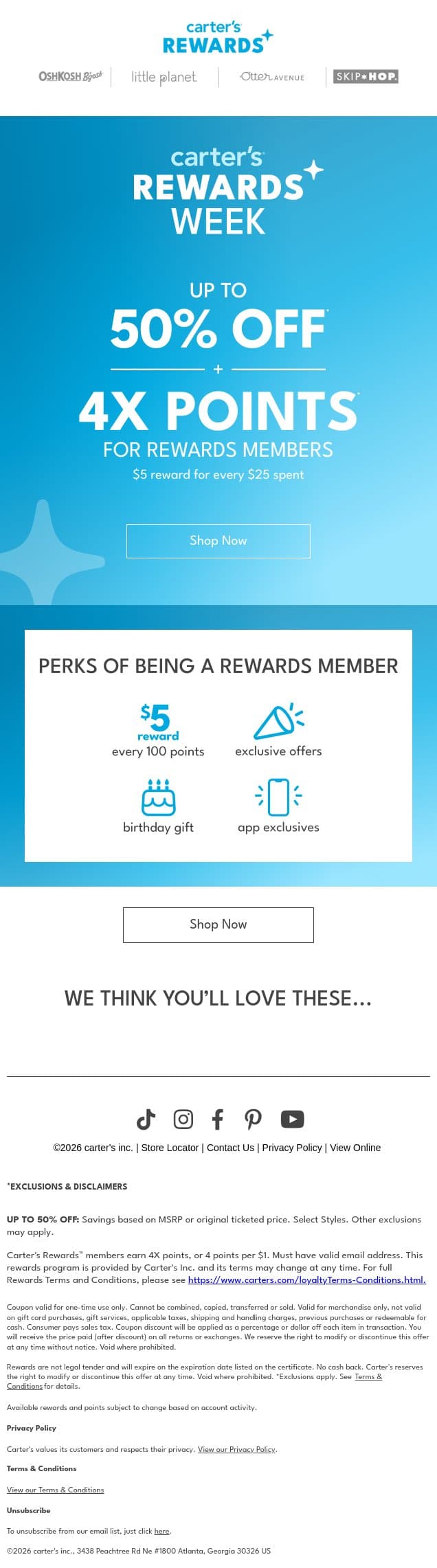 Rewards week is here ✨ Up to 50% off* + 4X points email from Carter's screenshot