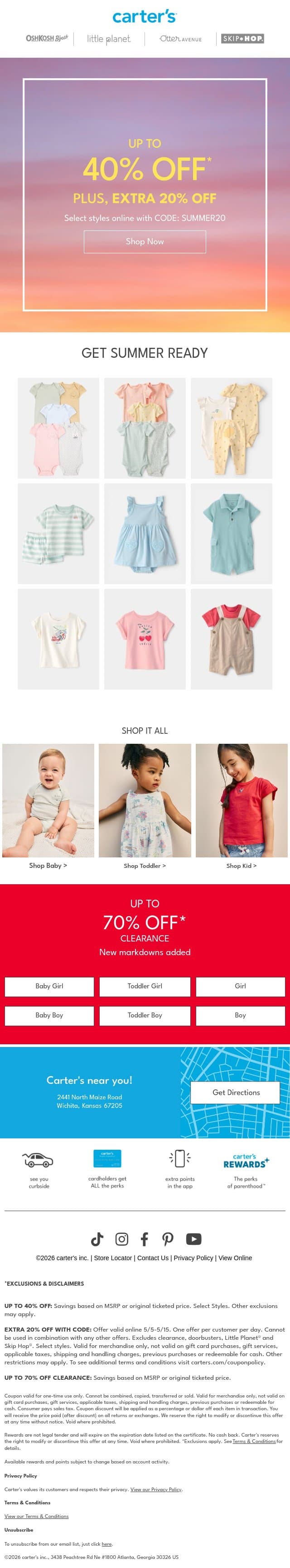 STARTS NOW: EXTRA 20% off w/ code 👀👉 email from Carter's screenshot