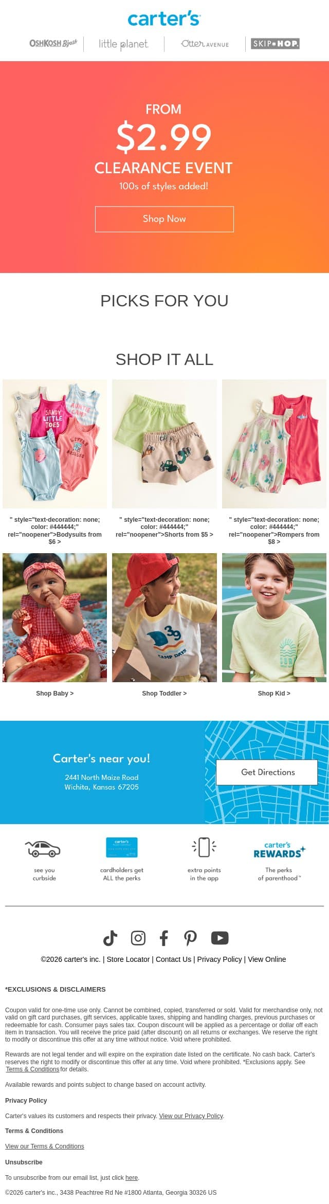 $2.99+ clearance IS ON 🔥 email from Carter's screenshot
