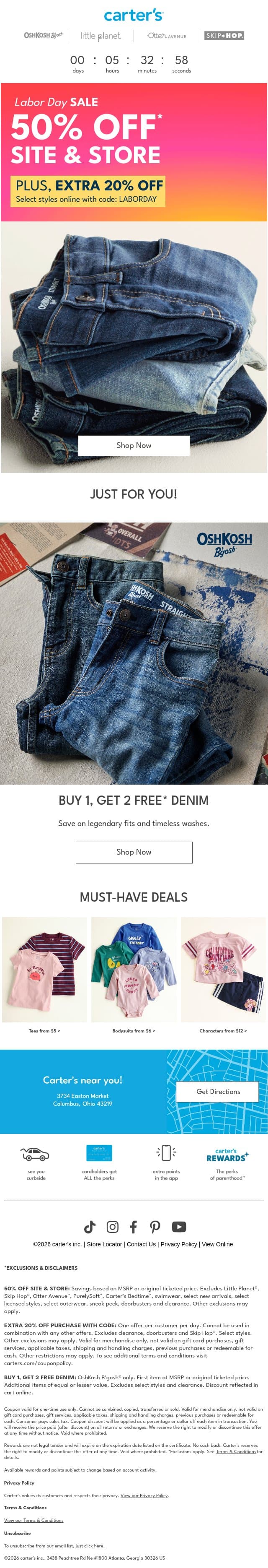 🚨 Labor Day sale ENDS TODAY ‼️ - Get 50% off* site & store email from Carter's screenshot
