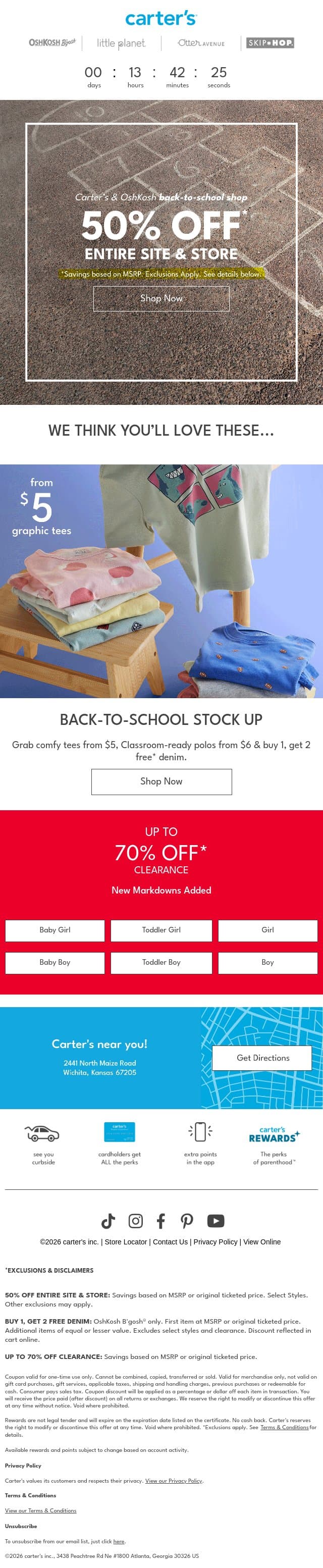 ‼️ LAST DAY - 50% off* back-to-school styles ‼️ email from Carter's screenshot