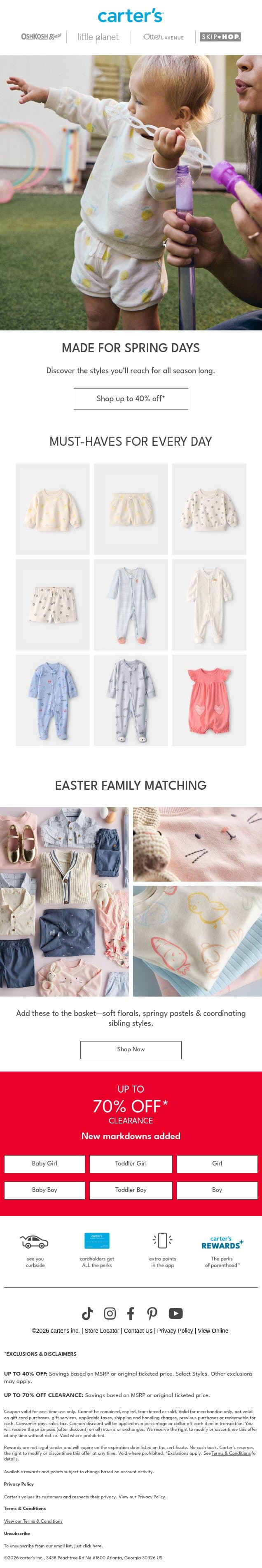 Up to 40% off must-haves 🙌 email from Carter's screenshot