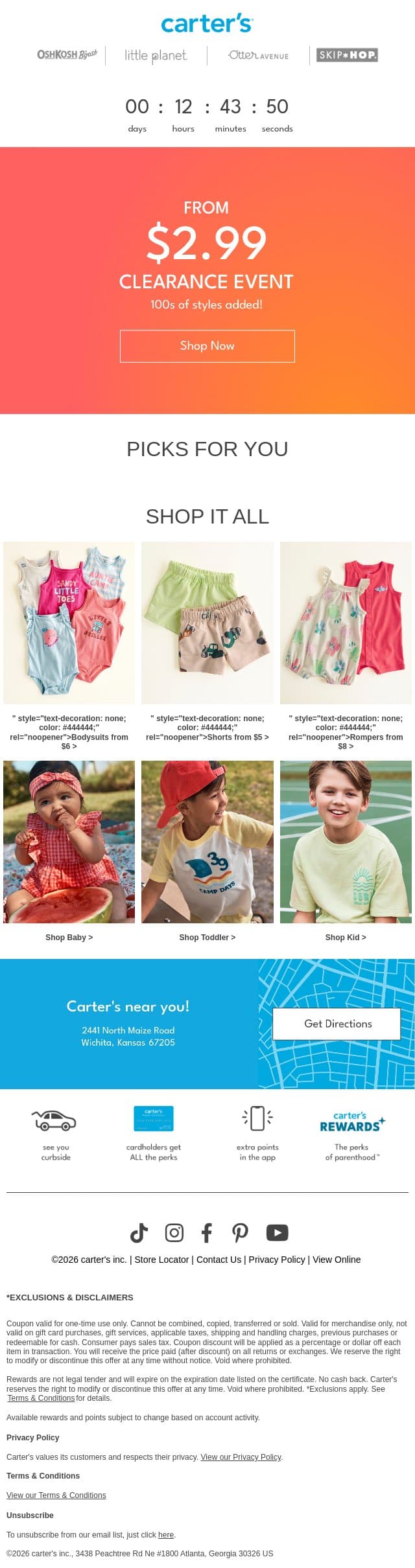CLEARANCE EVENT 🔥 From $2.99 email from Carter's screenshot