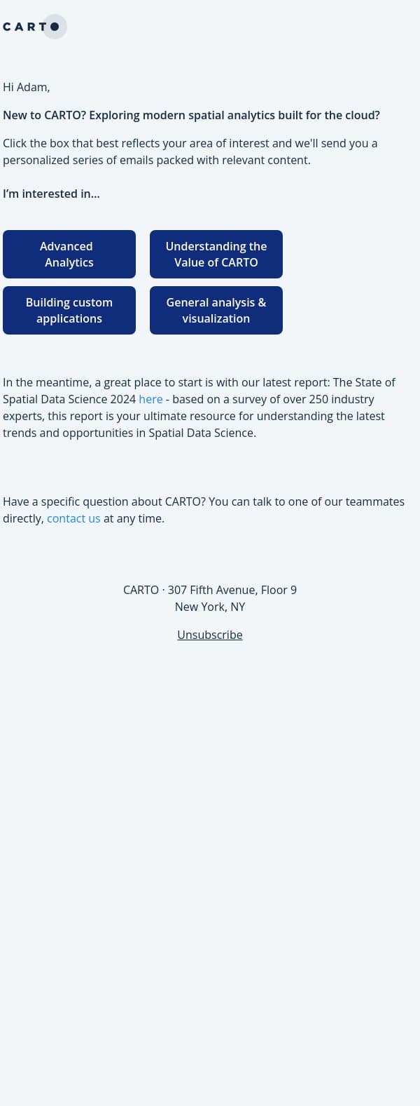 New to CARTO? Start here email from CARTO screenshot
