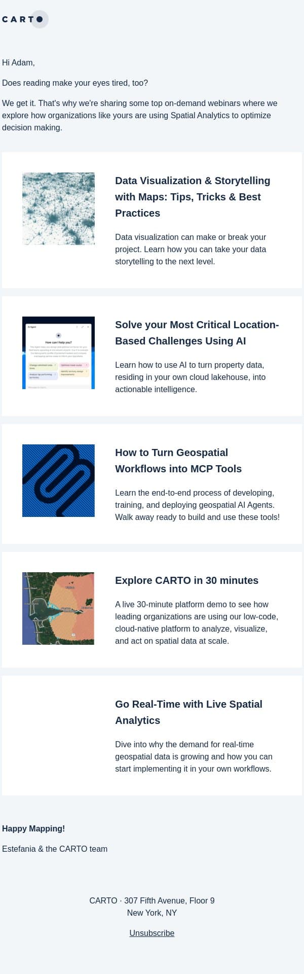 The Netflix of Geospatial Webinars....(yep, that's right) 🎥 email from CARTO screenshot
