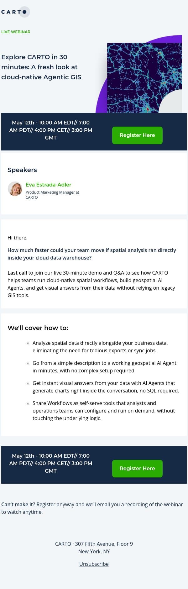 See CARTO in 30 Mins - Agentic GIS in Action ⚡ Last call. email from CARTO screenshot
