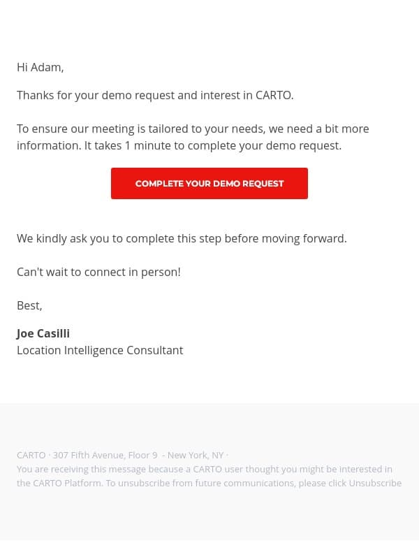 Tailor your CARTO demo experience email from CARTO screenshot