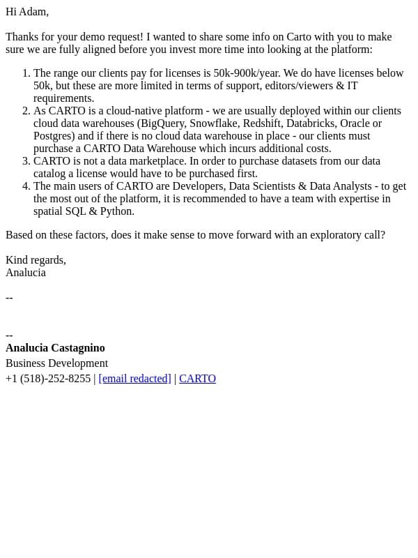Your Carto request email from CARTO screenshot