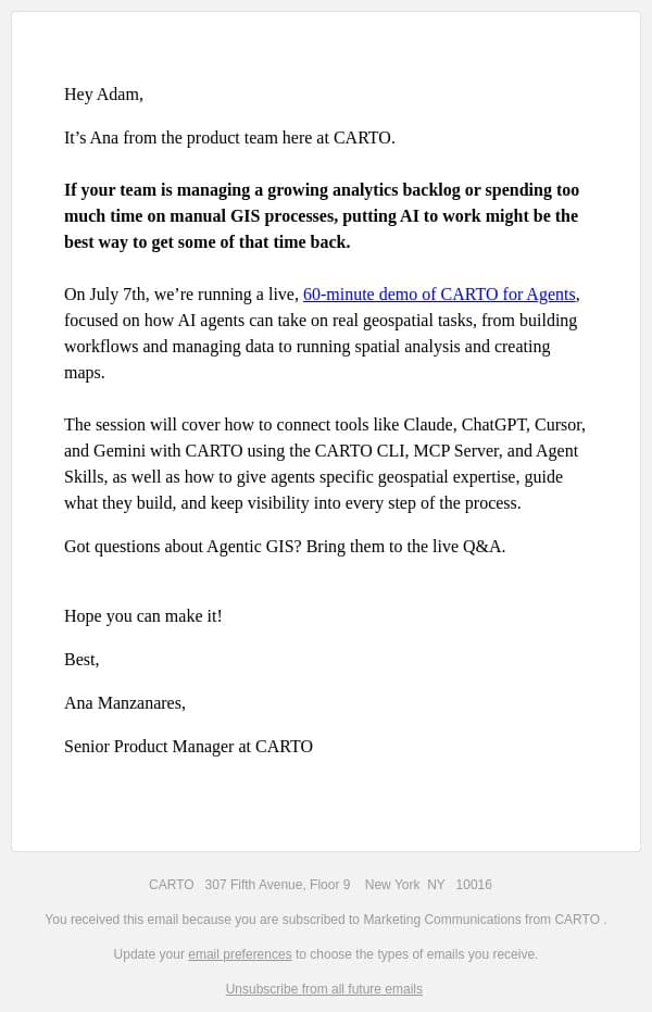 Here’s how to bring AI agents into your GIS work email from CARTO screenshot