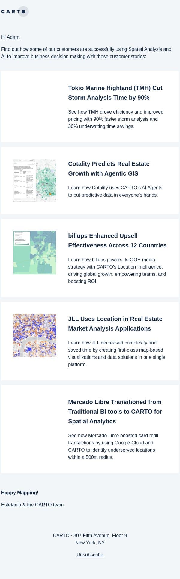 See how industry leaders use CARTO 🚀 email from CARTO screenshot