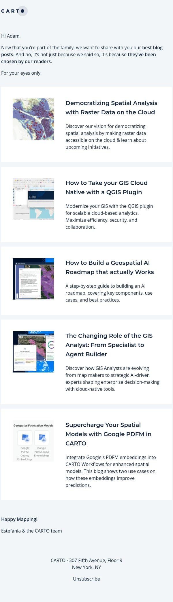 From Geospatial AI to Data Warehouses; Top Reads for Adam email from CARTO screenshot
