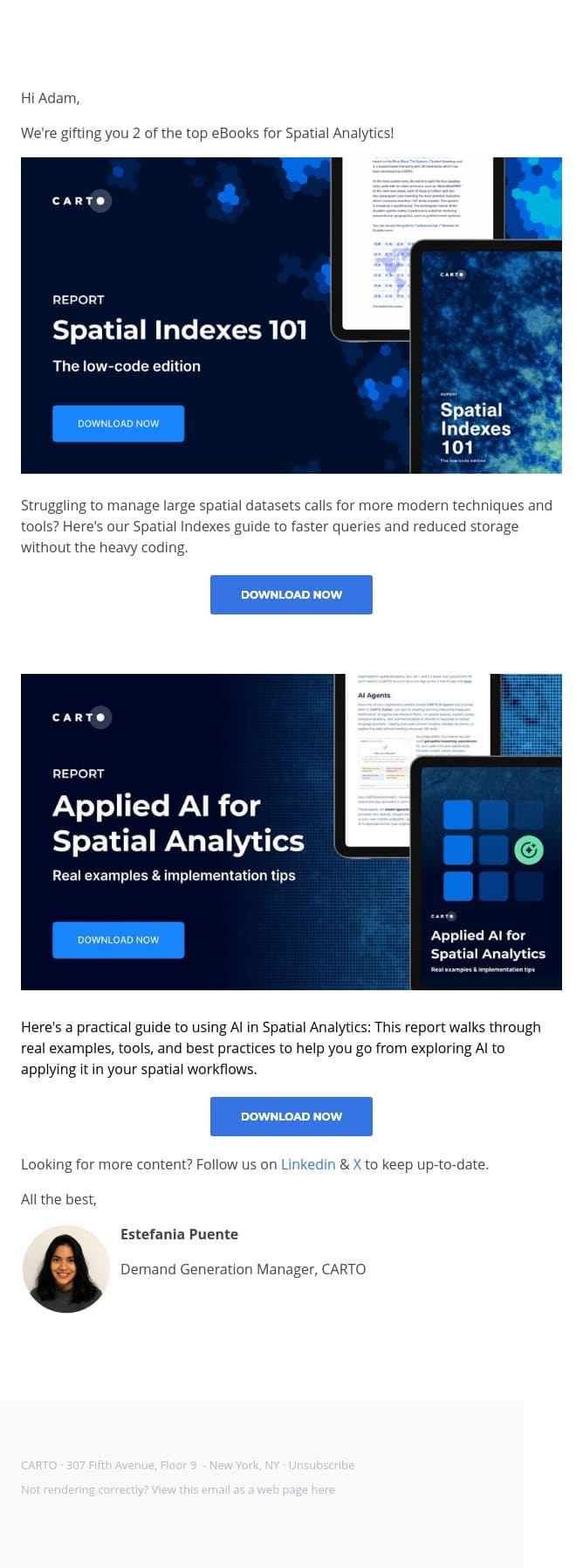 2 Free eBooks for Your Spatial Library… 📖 email from CARTO screenshot