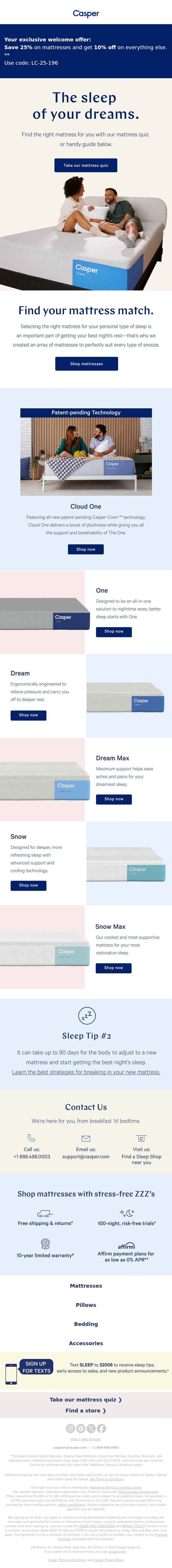 Save 25% on mattresses and 10% on everything else. email from Casper screenshot