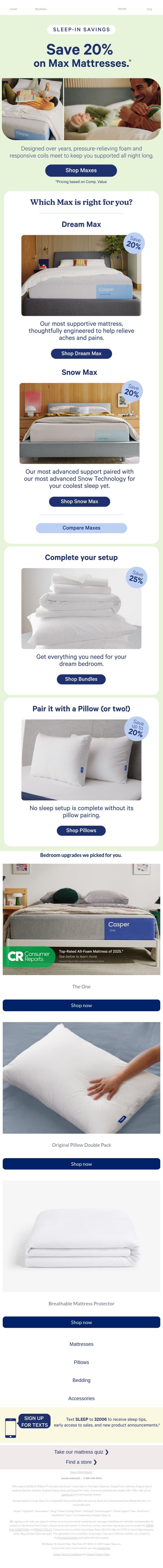 Maximum comfort. Maximum savings. Save 20% now. email from Casper screenshot