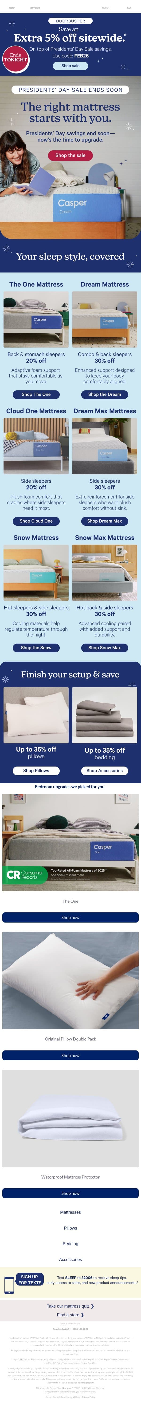 Ends tonight. Extra 5% off sitewide 🇺🇸 email from Casper screenshot