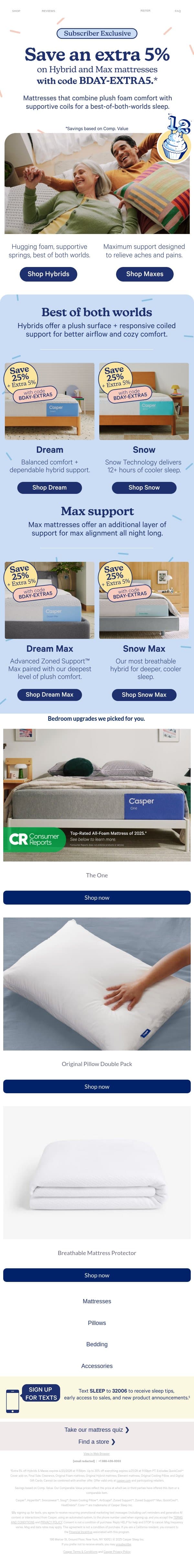 Save an extra 5% on Hybrids on top of site savings.* email from Casper screenshot
