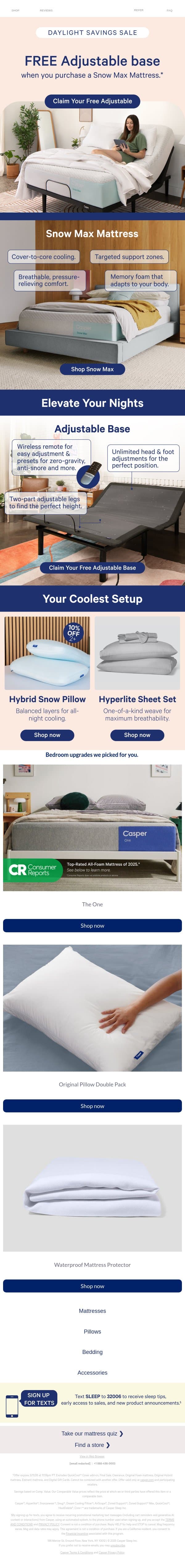 FREE Adjustable Base with Snow Max Purchase. email from Casper screenshot
