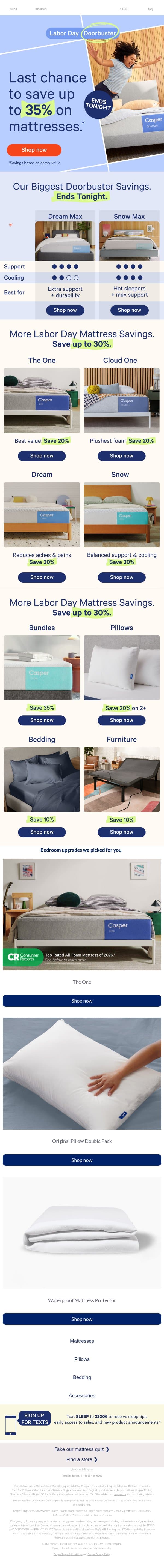 Final hours to shop our Labor Day Doorbuster. email from Casper screenshot