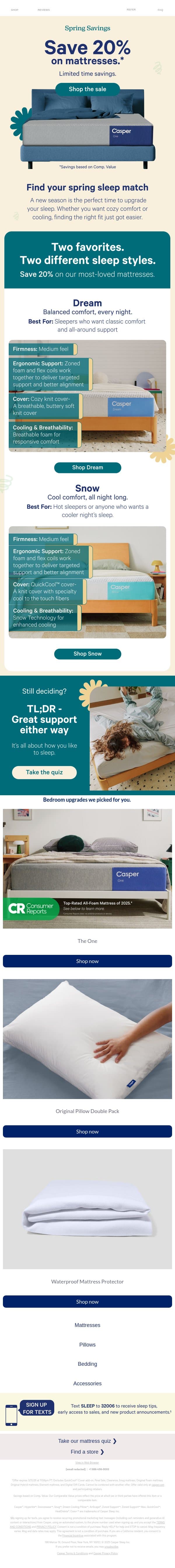 Save 20% on the Dream and Snow mattresses. email from Casper screenshot