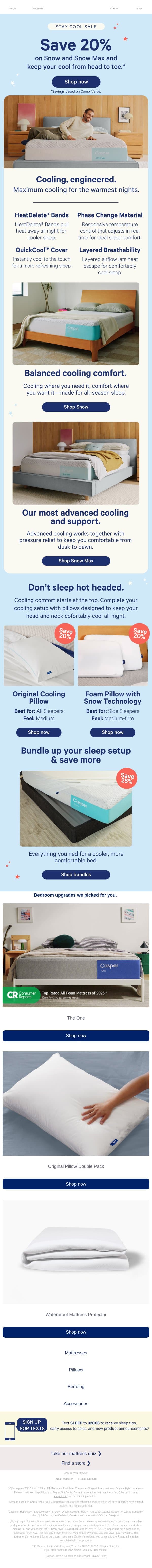 Save 20% on our cooling mattresses & pillows.* email from Casper screenshot