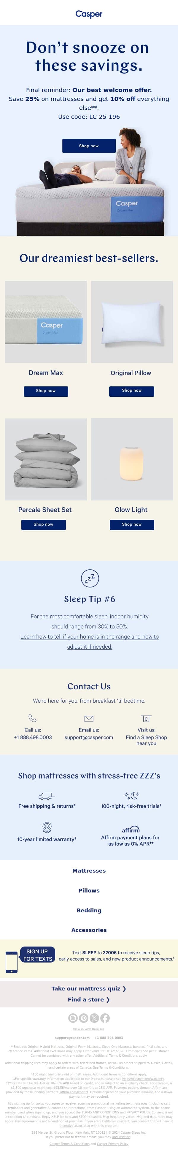 Don’t snooze on saving up to 25%! email from Casper screenshot