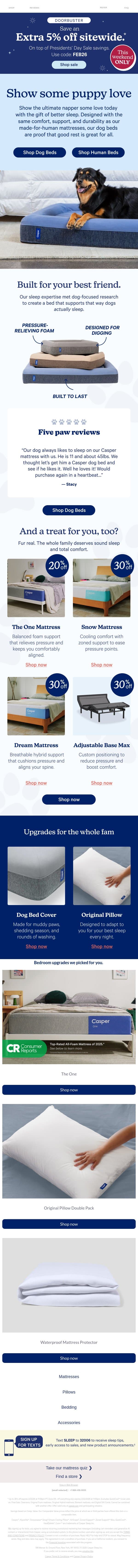 Extra 5% off everything. This weekend only. email from Casper screenshot