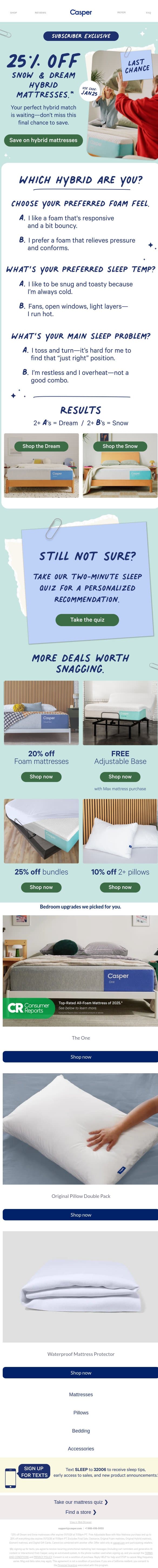Exclusive ends tonight: 25% off Dream and Snow Mattresses. email from Casper screenshot