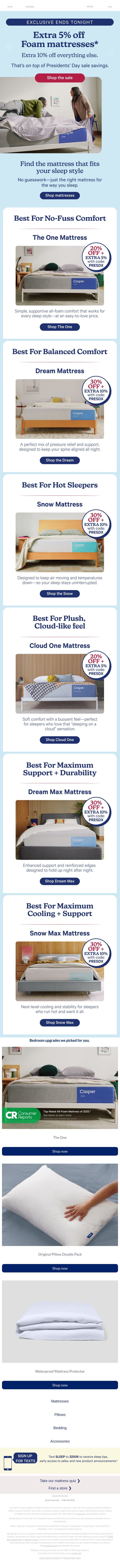 Ends tonight: Extra 10% Off 🛏️ email from Casper screenshot
