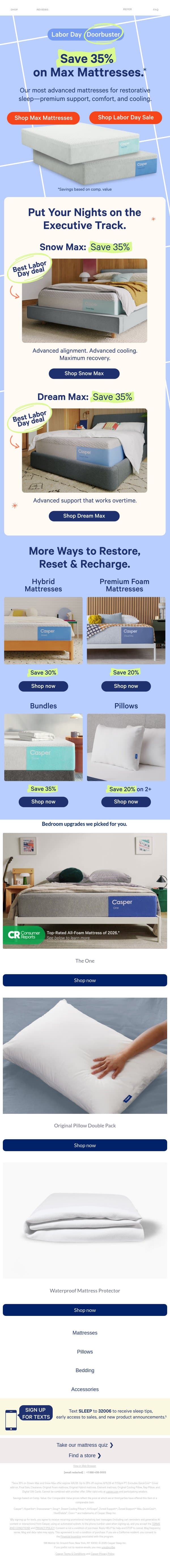 Save 35%: Labor Day Doorbusters are here* email from Casper screenshot