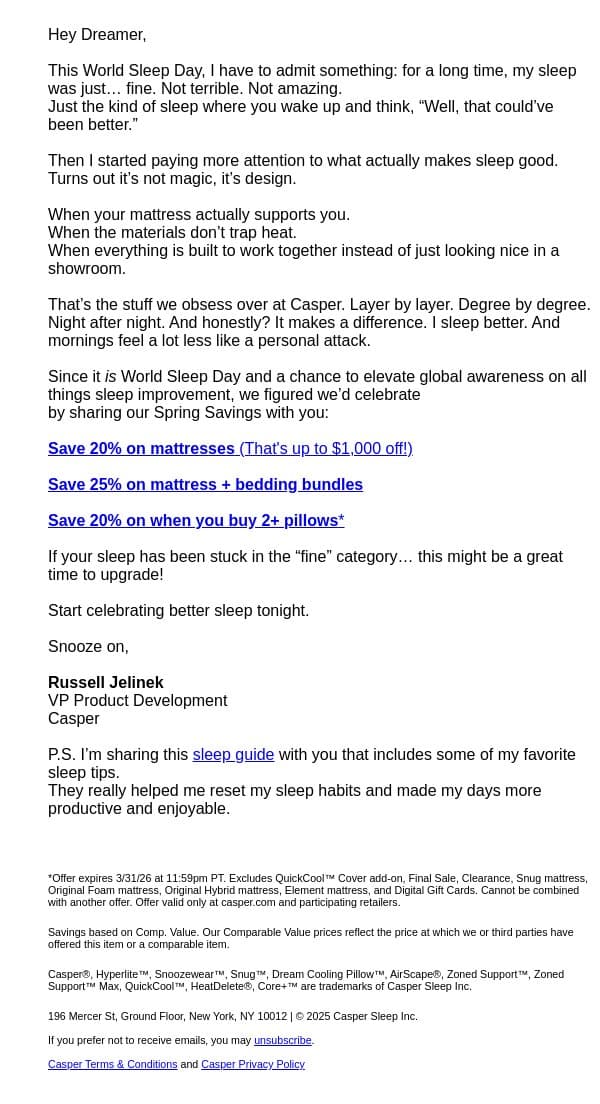 A note from Casper for World Sleep Day email from Casper screenshot