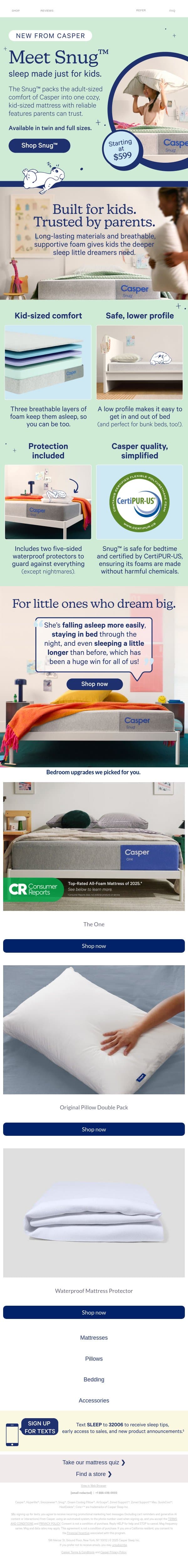 Snug: New for kids. email from Casper screenshot