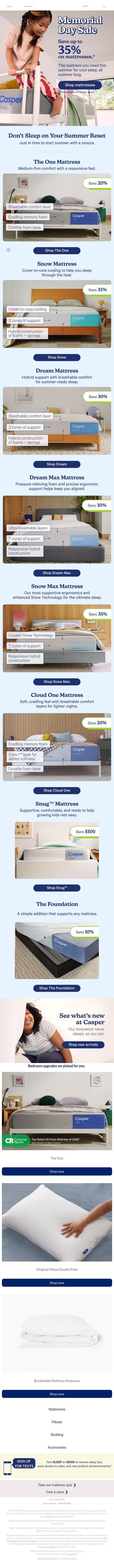 Memorial Day Weekend: Save up to 35% on mattresses email from Casper screenshot