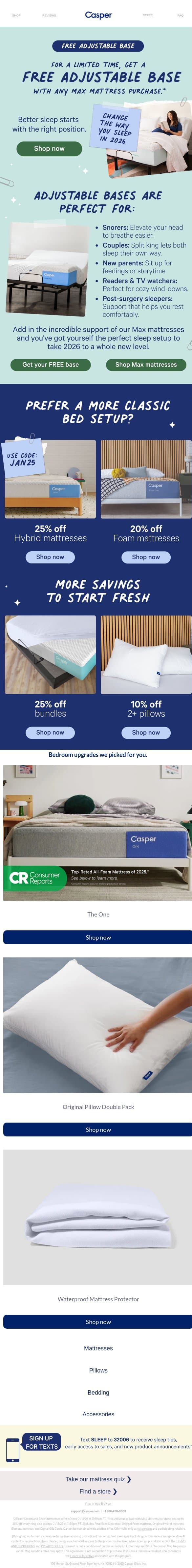 Get a free adjustable base with any Max Mattress. email from Casper screenshot