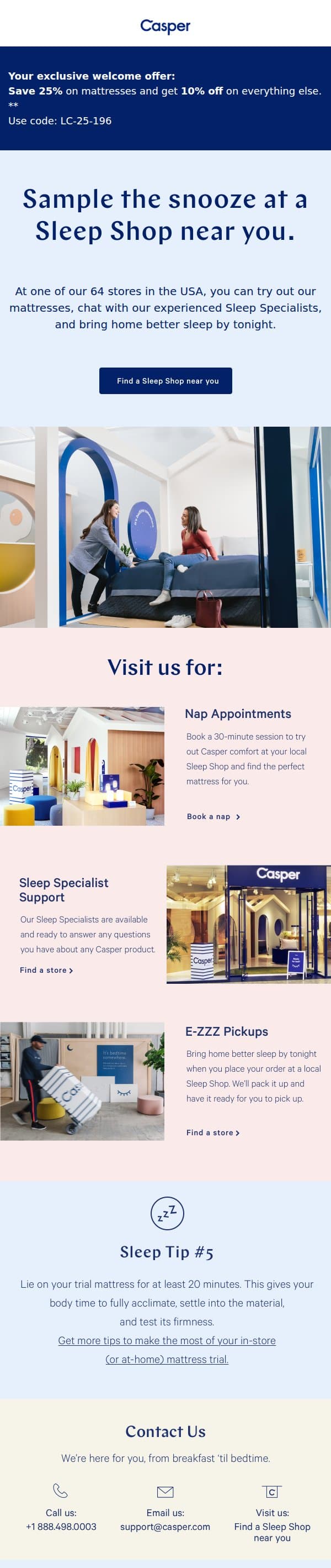 Take us for a test nap and get 25% off mattresses. email from Casper screenshot