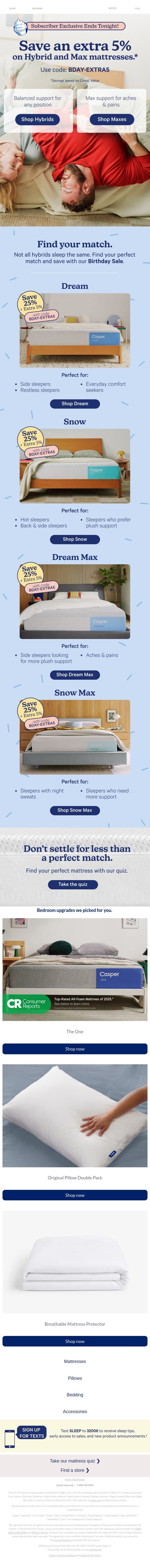 Ends tonight. Save an extra 5% on Hybrid mattresses email from Casper screenshot