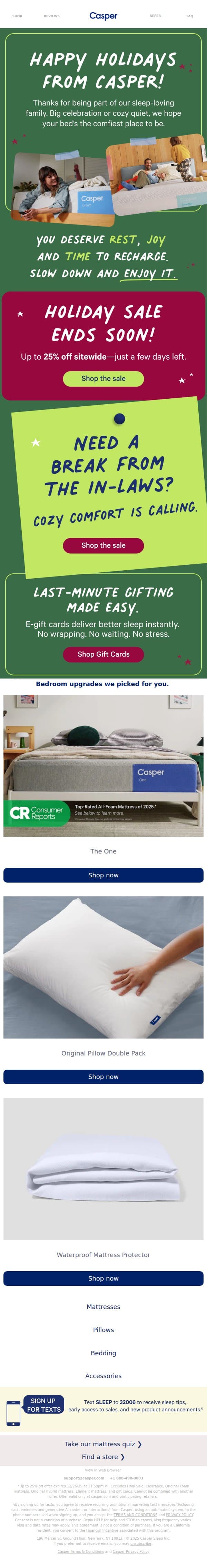 Save Up to 25% This holiday season email from Casper screenshot