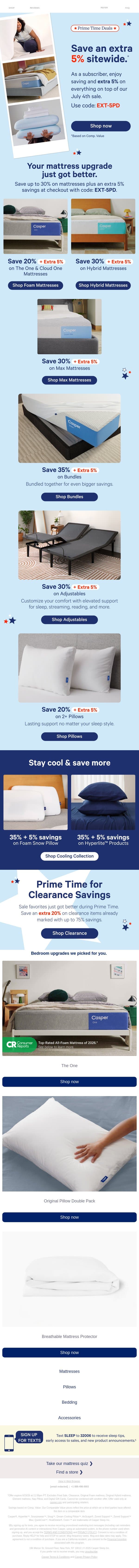 Exclusive Prime Time Deals: Save an extra 5% sitewide.* email from Casper screenshot