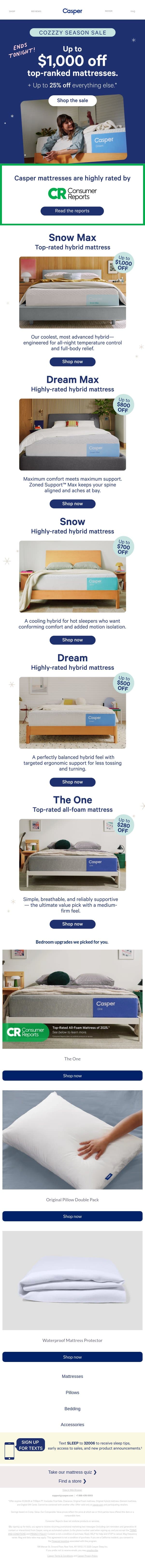 Ends tonight: up to $1,000 off mattresses. email from Casper screenshot