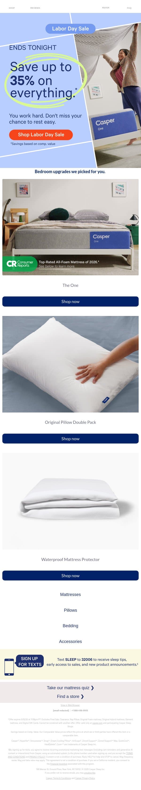 Labor Day Savings End Tonight email from Casper screenshot