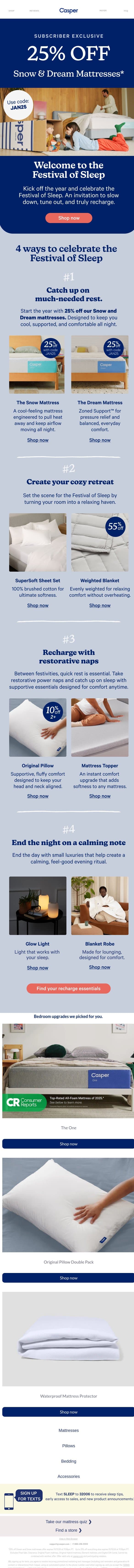 Recharge with 25% off Snow & Dream Mattresses email from Casper screenshot