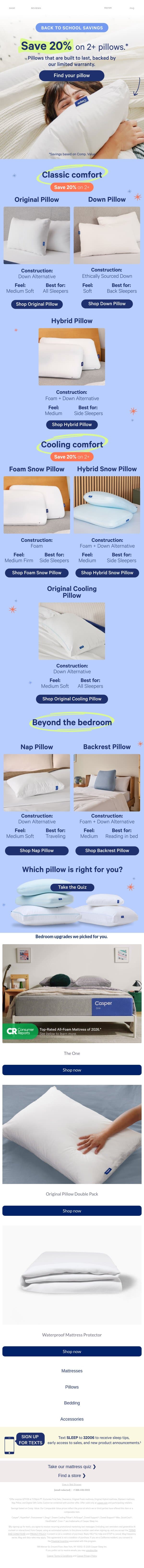 Save 20% on pillows for every sleeper email from Casper screenshot